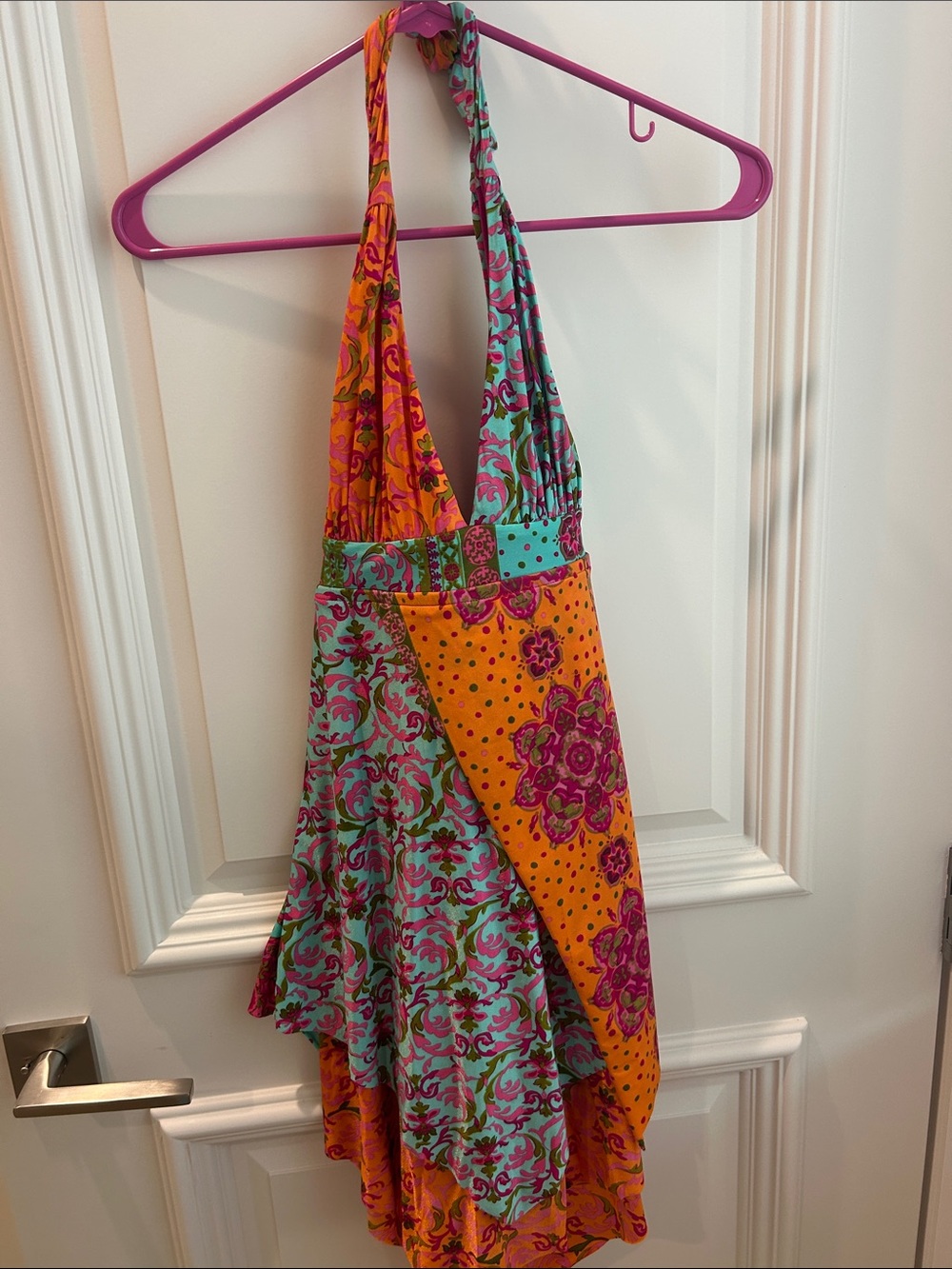 BECCA Orange & Teal Floral Halter Mini Dress